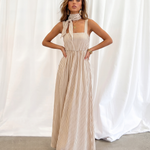 Beige Stripe Square Neck Matching Scarf Strap Maxi Dress
