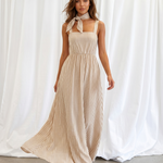 Beige Stripe Square Neck Matching Scarf Strap Maxi Dress
