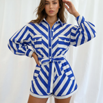 Blue Stripe Collared Long Sleeve Belted Shirt Romper