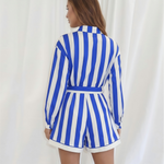 Blue Stripe Collared Long Sleeve Belted Shirt Romper