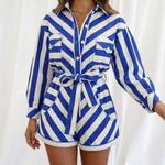 Blue Stripe Collared Long Sleeve Belted Shirt Romper