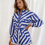 Blue Stripe Collared Long Sleeve Belted Shirt Romper