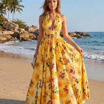 Yellow Floral Print Halter V Neck A-Line Maxi Dress