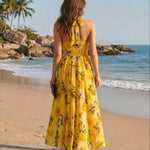 Yellow Floral Print Halter V Neck A-Line Maxi Dress