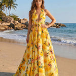 Yellow Floral Print Halter V Neck A-Line Maxi Dress