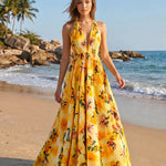 Yellow Floral Print Halter V Neck A-Line Maxi Dress