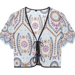 Off-White Multicolor Floral Embroidered Tie-Front Kimono Top