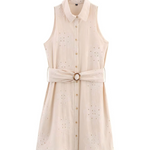 Beige Eyelet Embroidery Sleeveless Collared Shirt Mini Dress