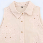 Beige Eyelet Embroidery Sleeveless Collared Shirt Mini Dress