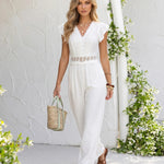 White Lace V-Neck Ruffle Sleeve High Waist Jumpsuit