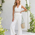 White Lace V-Neck Ruffle Sleeve High Waist Jumpsuit