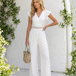 White Lace V-Neck Ruffle Sleeve High Waist Jumpsuit