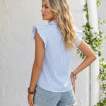 Blue White Stripe Floral Embroidery Ruffle Sleeveless Collared Blouse
