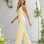 Yellow Embossed Floral Square Tie Strap High Waist Wide Leg Jumpsuit