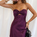 Purple Satin Strapless Twist Front Cutout Mini Dress