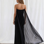 Black Strapless Ruched Chiffon Cape Slit Maxi Gown