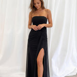 Black Strapless Ruched Chiffon Cape Slit Maxi Gown