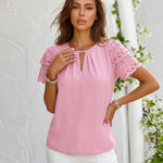 Pink Eyelet Lace Short Sleeve Keyhole Neck Blouse