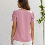 Pink Eyelet Lace Short Sleeve Keyhole Neck Blouse