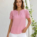 Pink Eyelet Lace Short Sleeve Keyhole Neck Blouse