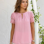 Pink Eyelet Lace Short Sleeve Keyhole Neck Blouse