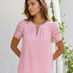 Pink Eyelet Lace Short Sleeve Keyhole Neck Blouse
