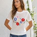 White Knit Floral Embroidery Short Sleeve Blouse Top