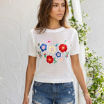 White Knit Floral Embroidery Short Sleeve Blouse Top