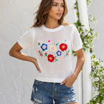 White Knit Floral Embroidery Short Sleeve Blouse Top