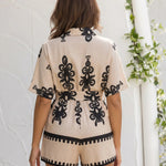 Beige Black Floral Border Print Belted Short Sleeve Shirt Romper