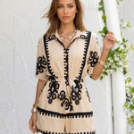 Beige Black Floral Border Print Belted Short Sleeve Shirt Romper