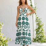 White Green Floral Crisscross Halter Cutout Midi Dress