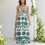 White Green Floral Crisscross Halter Cutout Midi Dress