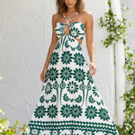 White Green Floral Crisscross Halter Cutout Midi Dress