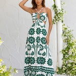 White Green Floral Crisscross Halter Cutout Midi Dress