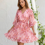 Pink Floral Print Wrap V Neck Ruffle 3/4 Sleeve Mini Dress