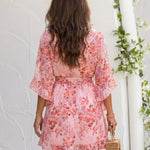 Pink Floral Print Wrap V Neck Ruffle 3/4 Sleeve Mini Dress