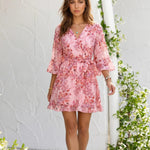 Pink Floral Print Wrap V Neck Ruffle 3/4 Sleeve Mini Dress