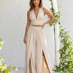 Beige Halter Deep V Crop Top High Slit Wide Leg Pant Set