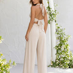 Beige Halter Deep V Crop Top High Slit Wide Leg Pant Set
