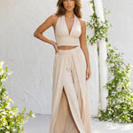 Beige Halter Deep V Crop Top High Slit Wide Leg Pant Set