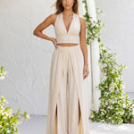 Beige Halter Deep V Crop Top High Slit Wide Leg Pant Set