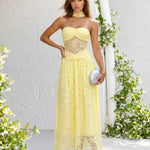 Pale Yellow Sheer Lace Strapless Choker Maxi Dress
