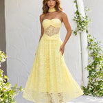 Pale Yellow Sheer Lace Strapless Choker Maxi Dress