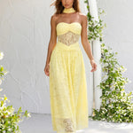 Pale Yellow Sheer Lace Strapless Choker Maxi Dress