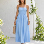 Blue Smocked Waist Spaghetti Strap Midi Dress