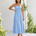 Blue Smocked Waist Spaghetti Strap Midi Dress