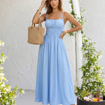 Blue Smocked Waist Spaghetti Strap Midi Dress