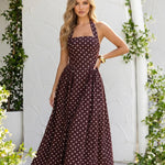 Black Polka Dot Backless Halter Neck A-Line Midi Dress