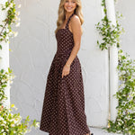 Black Polka Dot Backless Halter Neck A-Line Midi Dress